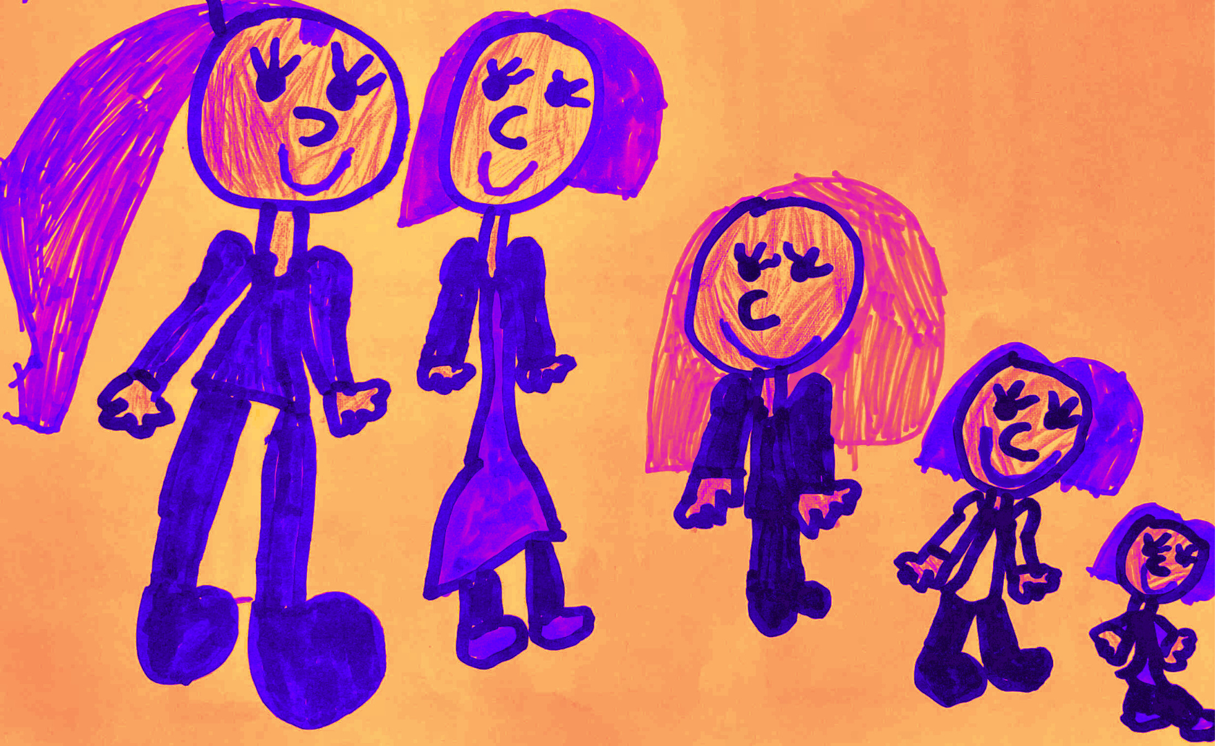 Lapse joonistatud pilt. Pildil on Pisigeeniuse tiim: emme, memme ja 3 väikest tüdrukut.